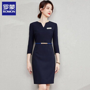羅蒙秋冬工作服女連衣裙高貴優(yōu)雅氣質(zhì)名媛高端包臀售樓部處工裝職業(yè)裙 藏青色七/分袖藍(lán)腰帶 S 93斤內(nèi)