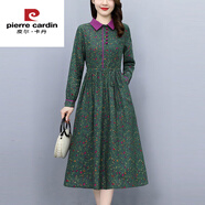 皮爾卡丹（pierre cardin）碎花長(cháng)袖棉麻連衣裙女中長(cháng)款2025春裝新款寬松顯瘦洋氣質(zhì)裙子 墨綠 今年流行的輕奢品牌 M 建議95-110
