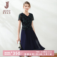 經(jīng)典故事（JANE STORY）經(jīng)典故事2025夏季新款V領(lǐng)拼按蕾絲裙修身通勤顯瘦短袖雪紡連衣裙 深藍色 M33 M