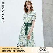 顏域印花連衣裙女士秋裝新款時尚減齡收腰顯瘦碎花裙子 綠色短袖 S/36