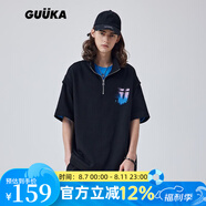 古由卡（GUUKA）潮牌polo領(lǐng)短袖t恤男士2025新款嘻哈寬松重磅針織五分袖印花暈染 黑色 S