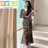堂峻2025春季新款長(cháng)袖性感女神收腰女人味連衣裙豹紋設計女神v領(lǐng)裙子 豹紋 S 建議80-95斤