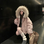 圣保美連帽大毛領(lǐng)羽絨棉服女裝2025冬季新款韓版棉衣外套加厚工裝派克服 粉紅色 M