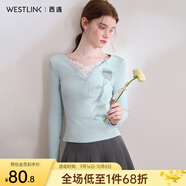 西遇（Westlink）西遇純欲辣妹甜美拼接花邊V領(lǐng)T恤女2025春季修身打底衫上衣 藍色 M (160)