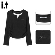 :CHOCOOLATE  it女裝連衣裙假兩件T恤撞色拼接格裙女巨好看的早秋穿搭套裝女 黑色上衣 M