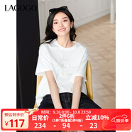 lagogo重工釘珠圓領(lǐng)T恤女拉谷谷2025年春夏新款時(shí)尚通勤短袖上衣 本白色 S