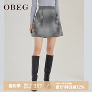 OBEG歐碧倩秋冬花苞式半身裙女千鳥格羊毛呢A字裙子10404108 黑格 155/XS/34