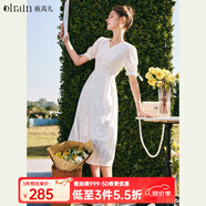 Olrain歐芮兒白色刺繡連衣裙女夏季收腰法式V領(lǐng)泡泡袖a字大擺裙 米白色 M 160/84A