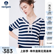 Navigare意大利小帆船翻領T恤女士夏季時尚五分袖針織衫條紋百搭休閑上衣 海軍藍/白 XL 碼