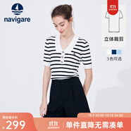 Navigare意大利小帆船短袖針織衫女士夏季顯瘦時尚條紋POLO衫V領(lǐng)毛衣T恤衫 科技白/黑 L 碼