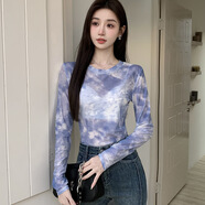 佐敘純欲風長袖t恤女2025夏新款設計感網(wǎng)紗印花微透扎染薄款內(nèi)搭上衣 藍色 M （95-110斤）