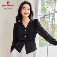 皮爾卡丹（pierre cardin）小個子V領(lǐng)木耳邊襯衫女短款法式高腰飛飛袖別致絕美上衣掐腰小衫 黑色 M 【85-110斤】
