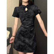 凡客誠品大碼新中式盤(pán)扣連衣裙女裝夏季扎染氣質(zhì)小黑裙胖MM顯瘦包臀短裙子 咖色 L 【建議100~120斤】