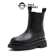 公猴（male monkey）男猴真皮煙囪靴女秋冬新款厚跟厚底增高靴英倫風(fēng)格摩托車切爾西靴 黑色低筒 35