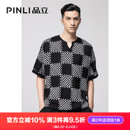 PINLI品立短袖T恤男夏季潮牌幾何格子印花V領(lǐng)半袖男士體恤 黑色 2XL 185