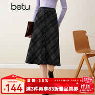 百圖betu女裝秋冬新款半身裙時髦復(fù)古格高腰毛呢半身裙女2310T79 黑色 M