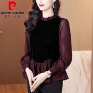 皮爾卡丹法式金絲絨上衣女長(cháng)袖襯衣2025春秋冬新款媽媽收腰打底衫裙擺襯衫 深棕色 M
