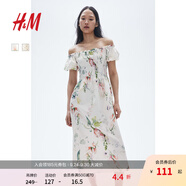 H&M女裝花卉連衣裙秋季花朵泡泡一字肩短袖植物印花長裙1230970 白色/花卉 M 165/96