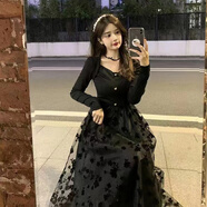 蘭伶坊網(wǎng)紗連衣裙女秋季2024新款法式小眾設計感氣質(zhì)收腰長(cháng)袖裙子 黑色 S