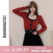 banana cici2024年春季新款復古方領(lǐng)針織開(kāi)衫女氛圍感新年紅毛衣C241MY554 大紅(復古紅) L