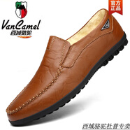 西域駱駝德國進(jìn)口品質(zhì)男士真皮休閑皮鞋英倫豆豆鞋男一腳蹬駕車(chē)懶人鞋子潮 紅棕色【8019加絨款】-駱駝品牌旗艦 37