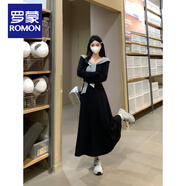 羅蒙（ROMON）大尺碼法式長(cháng)袖洋裝女春季收腰顯瘦A字長(cháng)裙微胖MM赫本風(fēng)氣質(zhì)裙子 黑色+腰帶 L 建議100~120斤