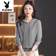 花花公子（PLAYBOY）100純羊毛帶帽細(xì)麻花衛(wèi)衣款毛衣女秋冬扭花針織衫連帽全毛打底衫 灰色 M 【90-110斤】