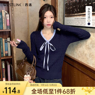 西遇（Westlink）v領(lǐng)長袖針織衫女2025年秋季新款學院風系帶蝴蝶結(jié)套頭毛衣 寶藍色 （預售15天） M (160)