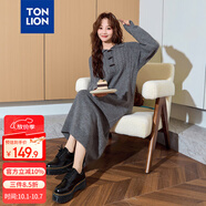 唐獅（TonLion）2024女翻領(lǐng)長(cháng)袖連衣裙長(cháng)裙 深灰 S 