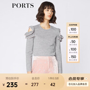PORTS寶姿 新品女裝優(yōu)雅露肩荷葉邊毛針織衫SA9K435GZF015 探燈銀 S