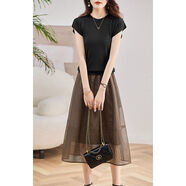 HUALIN FASHION2025夏季冰絲顯瘦女裙套裝歐根紗兩件套 黑色+咖色透氣顯瘦套裝 M