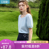 艾蓓怡（I BELIEVE YOU）藍色法式方領泡泡短袖蕾絲上衣女2024夏季新款洋氣質小衫修身顯瘦 西子藍 M