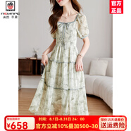 AEMAPE高端新品連衣裙2025夏裝法式泡泡袖收腰顯瘦氣質(zhì)高級感薄款裙子 水墨灰綠方領(lǐng)連衣裙 L 106-122斤