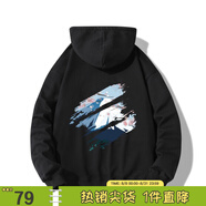 viishow 新款櫻花富士山涂鴉印花連帽男式情侶休閑衛(wèi)衣黑色百搭 加絨 黑色 XL