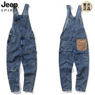 JEEP SPIRIT潮牌大碼吊帶褲男春秋牛仔背帶褲寬松休閑老爹闊腿連體褲男女同款 藍色 001藍色吊帶褲 S (105-115斤穿)