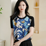 米思陽(yáng)（missshine）2025夏季新款時(shí)尚印花拼接圓領(lǐng)寬松上衣休閑百搭短袖t恤女 藍色現貨直發(fā) S