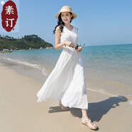 夏典素訂女王（SE.PSTP）素訂原創(chuàng  )品牌2025夏女沙灘裙海邊旅游度假三亞雪紡長(cháng)裙v領(lǐng)顯瘦無(wú) 白色 S 88-94斤