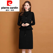 皮爾卡丹秋冬新款加絨加厚兩件套裝連衣裙女韓版寬松高腰氣質(zhì)打底毛衣裙 黑色 S 建議80-90斤