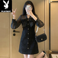 花花公子（PLAYBOY）小香風連衣裙2025新款女春季氣質復古蝴蝶結收腰顯瘦裙子7464 黑色 2XL 【130-145斤