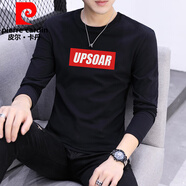 皮爾卡丹（pierre cardin）國際品牌男士長(zhǎng)袖t恤衫春秋季印花圓領(lǐng)百搭簡(jiǎn)約打底衫白色上衣服 【長(zhǎng)袖】UP黑色 L