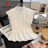 皮爾卡丹（pierre cardin）絕美漂亮小飛袖白色襯衫減齡飛飛袖小眾蕾絲新款設計感收氣質(zhì)上衣 白色 S 建議90斤以下