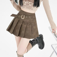 米可杉扎染半身裙女PU皮短裙秋冬高腰顯瘦a字裙咖色百褶裙子 咖 M