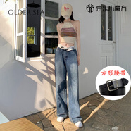 OLDER SEA復(fù)古藍(lán)色韓版翻邊設(shè)計牛仔褲女裝2025秋季新款高腰顯瘦寬松闊腿褲 【腰帶】+復(fù)古藍(lán) XS 75-85斤