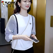 啄木鳥寬松女士t恤長袖氣質(zhì)名媛條紋設(shè)計感2025新款拼接圓領(lǐng)上衣刺繡ins A013 白色 M 建議100斤以內(nèi)