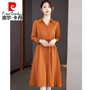 皮爾卡丹（pierre cardin）2025春新款收腰雪紡襯衫領(lǐng)連衣裙女修身顯瘦大擺仙女氣質(zhì)裙子 棕色 4XL
