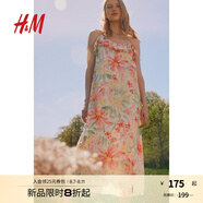 H&M女裝連衣裙秋季V領寬松印花吊帶度假風褶邊中長裙連身裙1234153 粉色/花卉 170/104 L