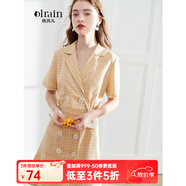 Olrain歐芮兒女裝格子連衣裙中長(cháng)款西裝領(lǐng)雪紡女法式復古裙赫本風(fēng)桔梗裙 黃格 S 155/80A