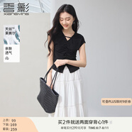 香影條紋直筒闊腿褲女2025夏季新款梨形身材遮胯高腰寬松休閑長褲 黑色T85S281 T恤 M 160/84A/95-110斤