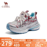 駱駝（CAMEL）【銀月】老爹鞋女新潮撞色厚底休閑鞋 L25M202089 灰/銀/紅 38