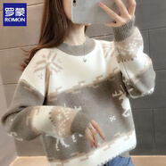 羅蒙（ROMON）加絨加厚毛衣女秋冬新款圓領(lǐng)套頭長(zhǎng)袖寬松外穿洋氣寬松針織打底衫 灰色 S